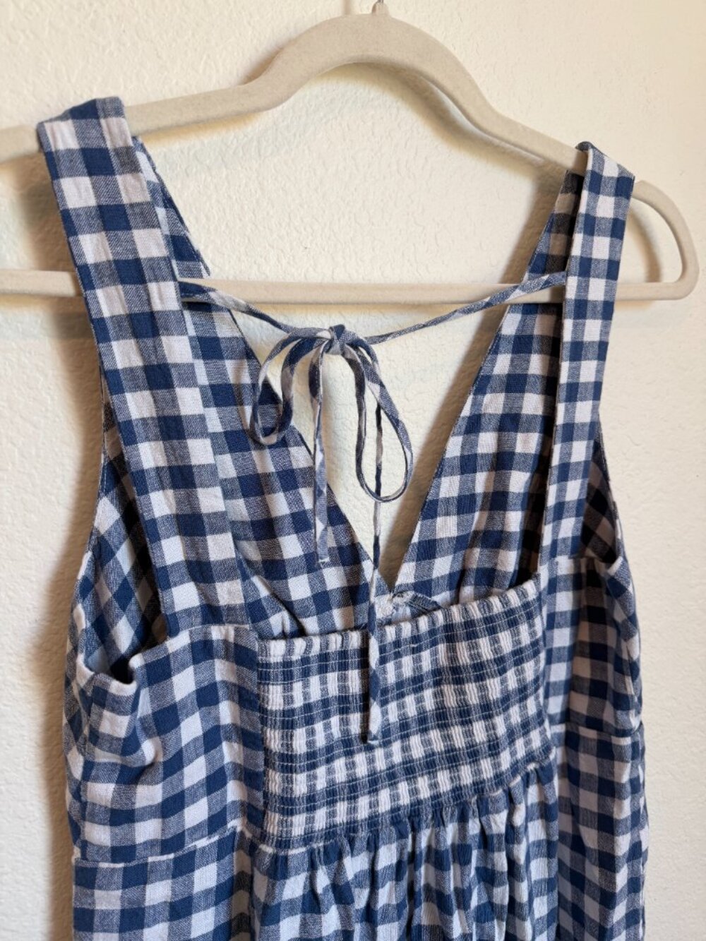 Old Navy Blue Gingham Linen Blend V-Neck Midi Dress Medium - Picture 6 of 9